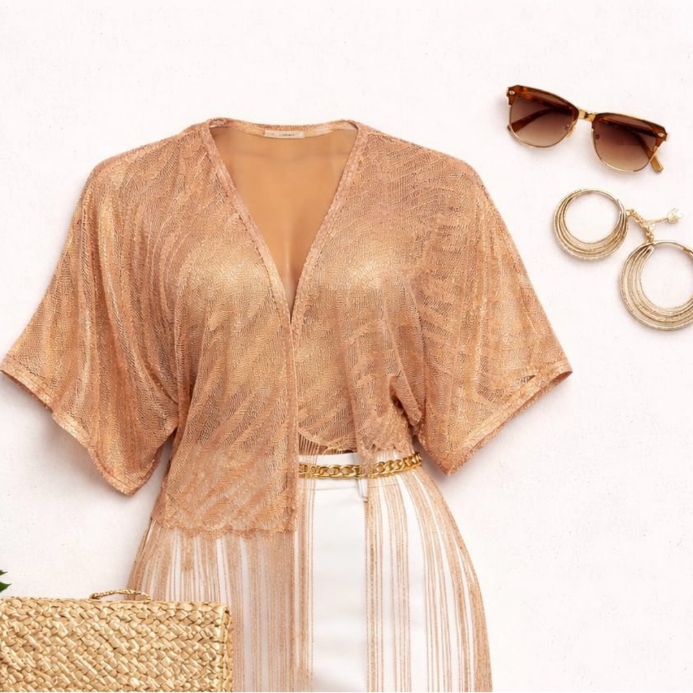 Metallic Rose Gold Fringe Open Cardigan